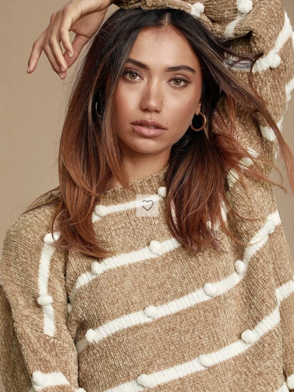 Lulus Cozy Times White and Beige Striped Chenille Knit Pom-Pom Sweater NWT - Picture 4 of 8